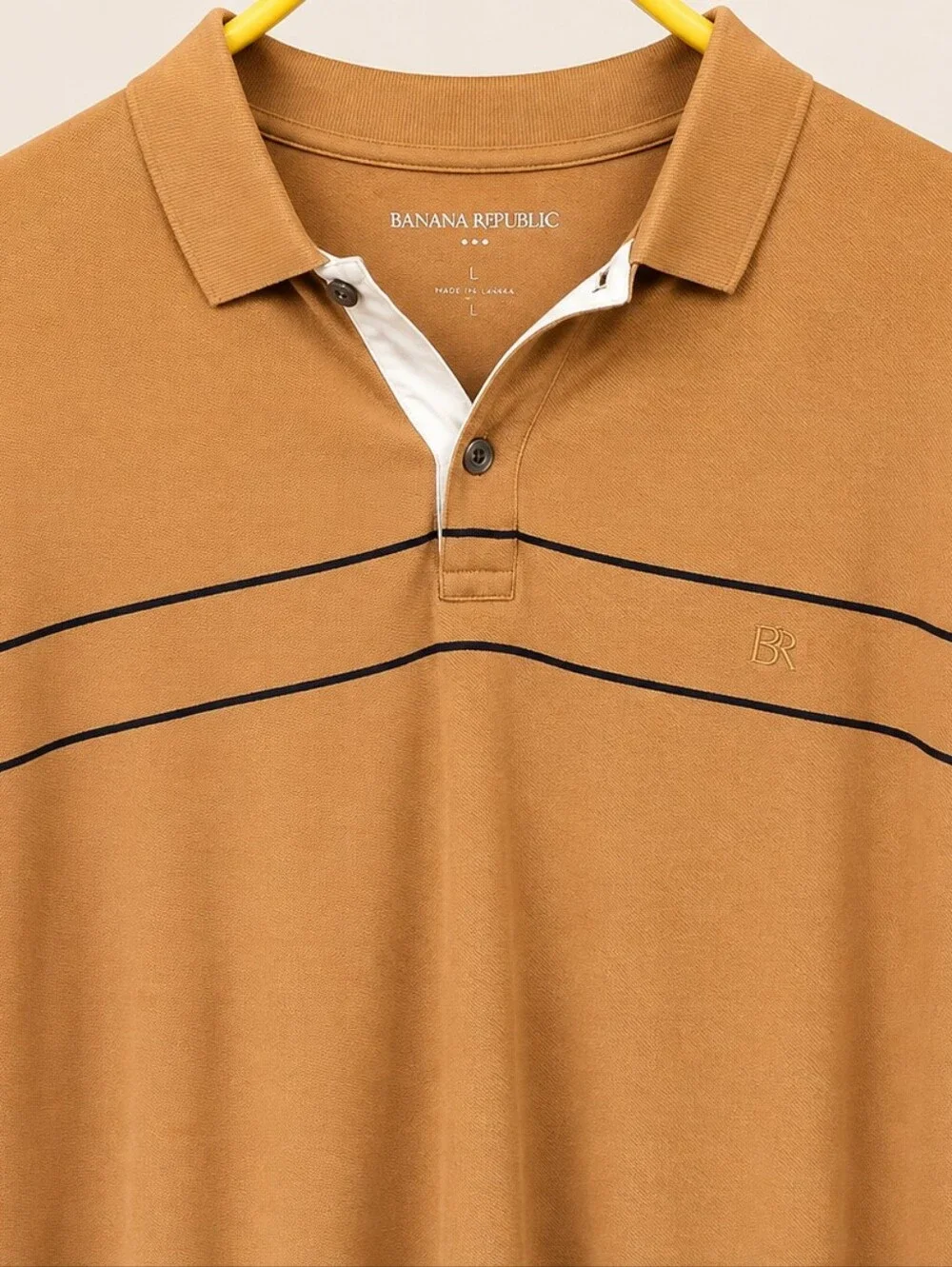 Banana Republic Men's Caramel Polo with Thin Black Stripes